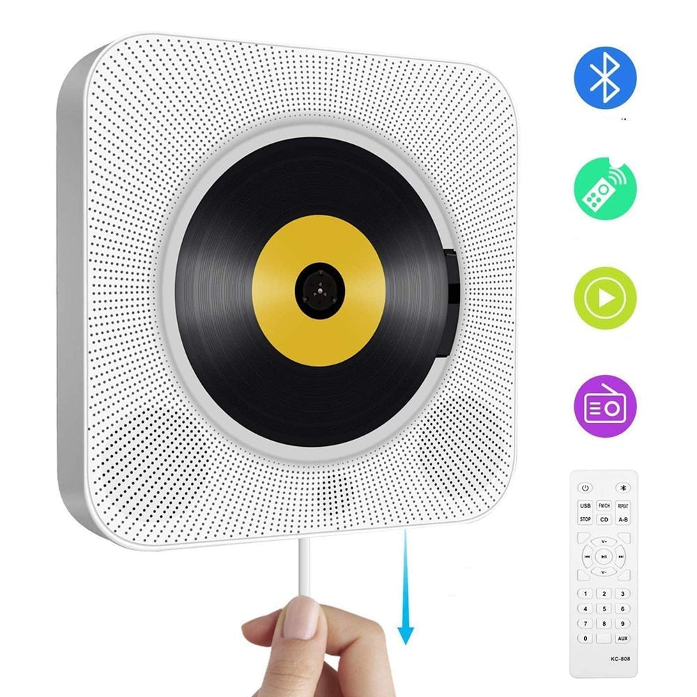 Veggmontert CD-spiller med Bluetooth, fjernkontroll, hvit, i en moderne stue – Hjemmeunderholdning