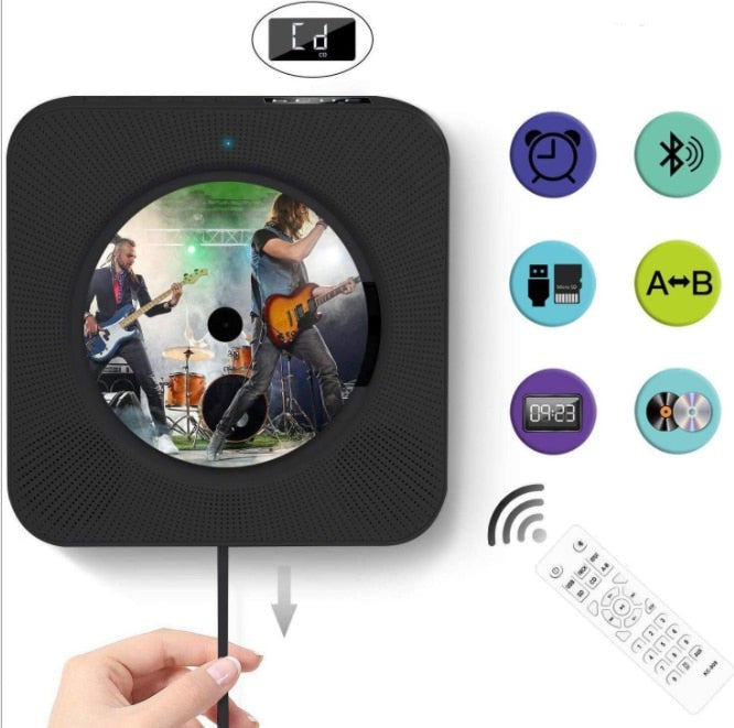 Nærbilde av multifunksjonell CD-spiller veggmontert, med tydelige knapper og display – Lydutstyr gadget