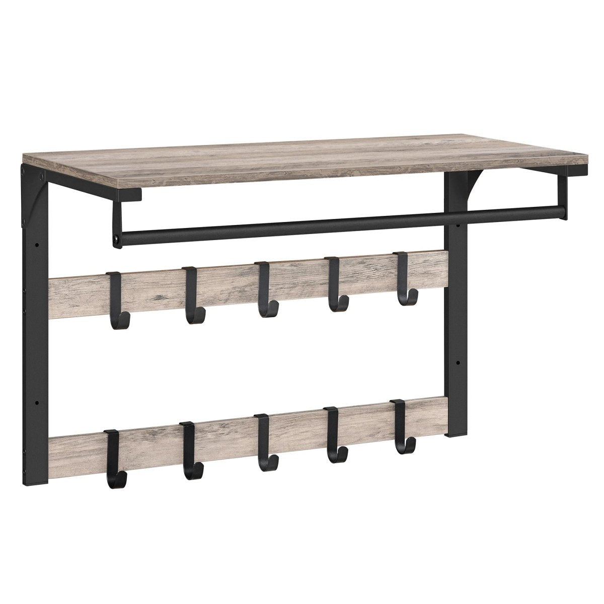 Elegant veggmontert klesstativ med hylle og kroker for jakker. Optimal og plassbesparende garderobe.