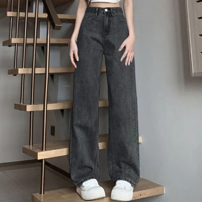Høy midje vidbeinsjeans for dame, en tidløs klassiker i trendy design.