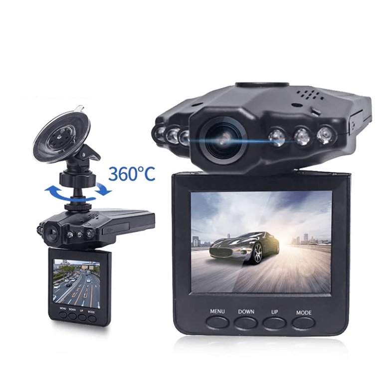 Roterende dashbordkamera med HD-video, 360° justering og klar LCD-skjerm.