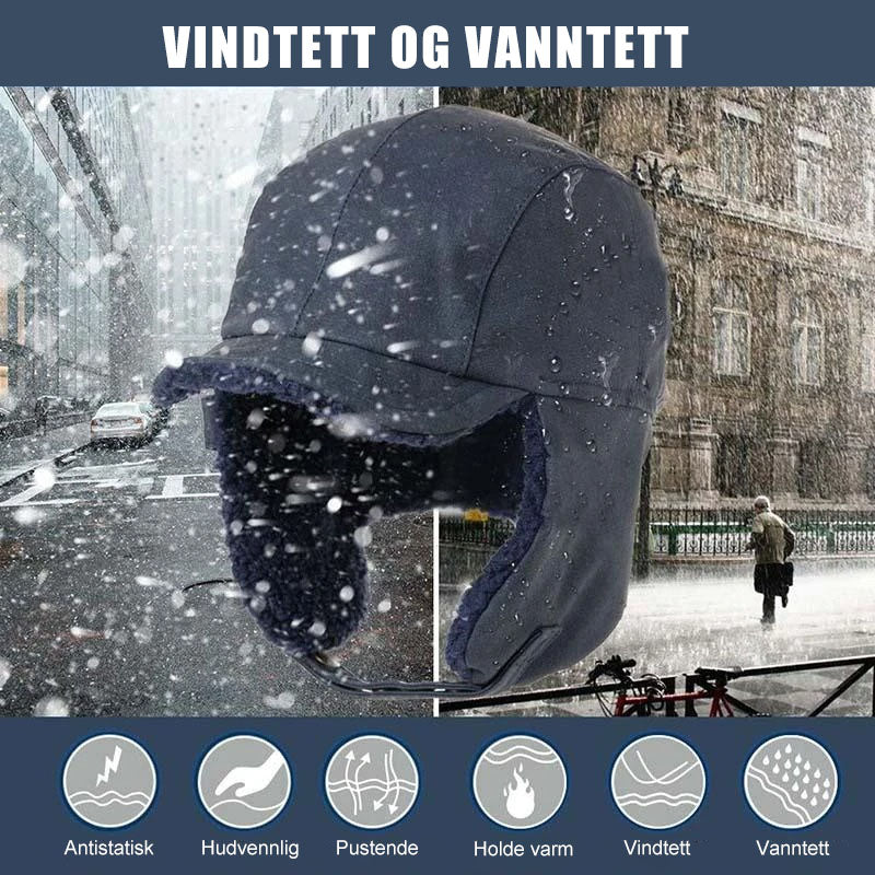 "Vindtett unisex lue for vinter med øre- og ansiktsbeskyttelse, pilothatt design, justerbar for komfort og varme."