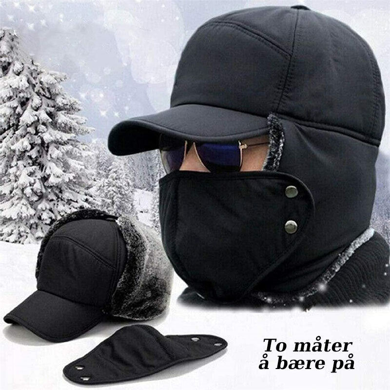 "Vindtett unisex lue for vinter med øre- og ansiktsbeskyttelse, pilothatt design, justerbar for komfort og varme."