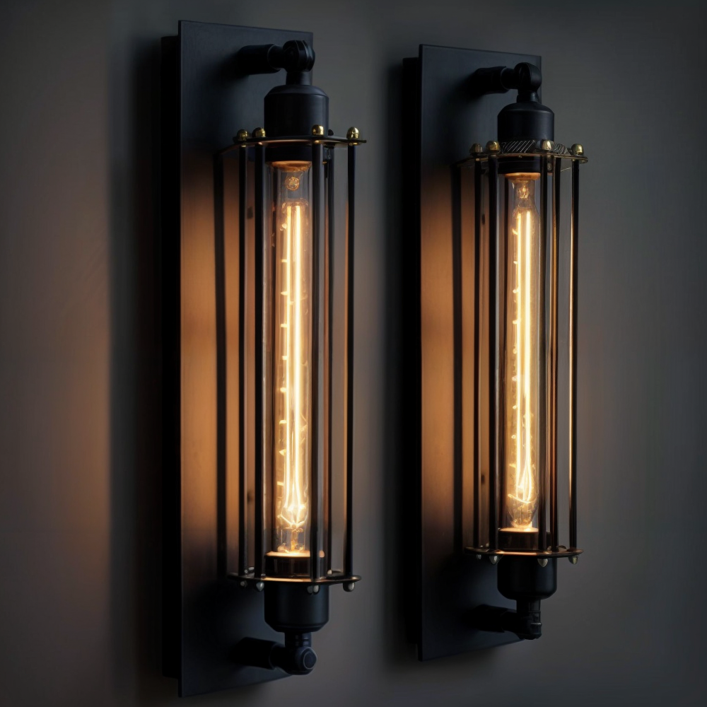 Retro vegglampe av metall med beskyttende bur, ideell for rustikk og industriell dekorasjon
