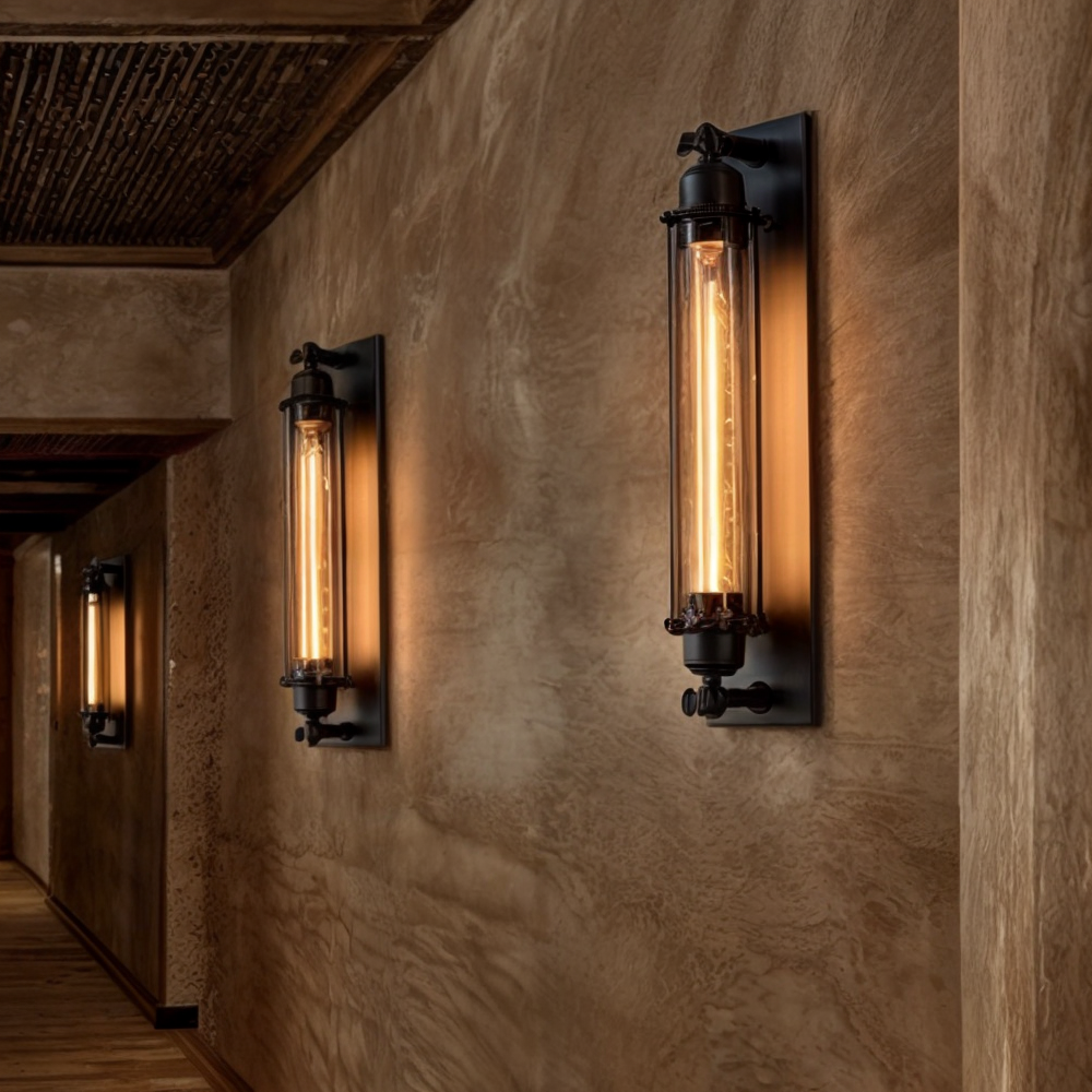 Artistisk bilde av vintage vegglampe med industrielt bur, mykt lys og retro stemning