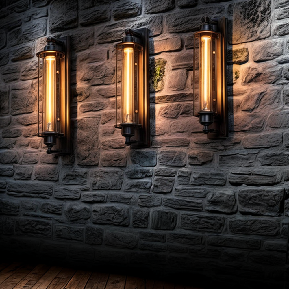 Vegglampe for vintage og industriell innredning, sort metallbur og synlig pære