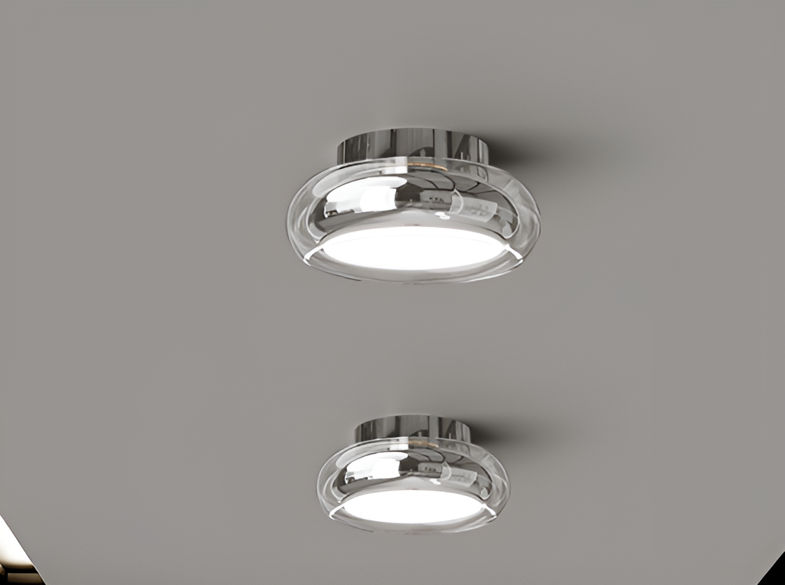 "Vintage LED taklampe i akryl med retro design, kompakt størrelse og moderne lavenergi belysning"