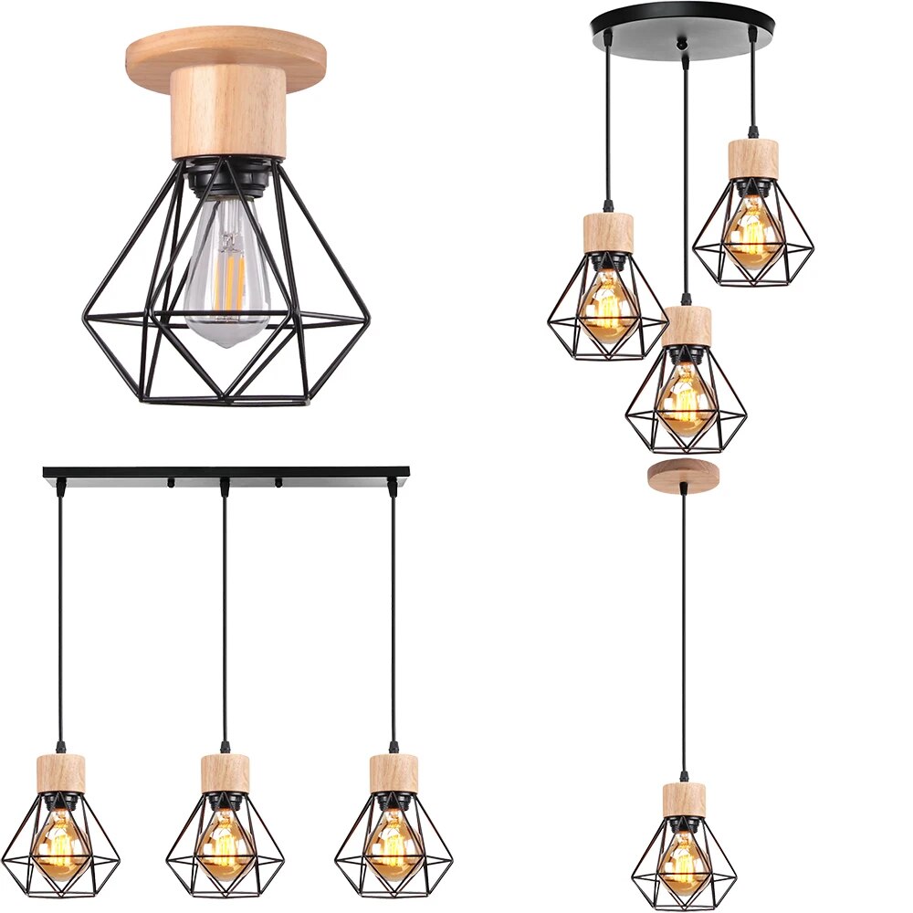 Vintage pendellampe i jern med treelementer, gir rustikk og klassisk stil, perfekt for vintage og moderne interiør.