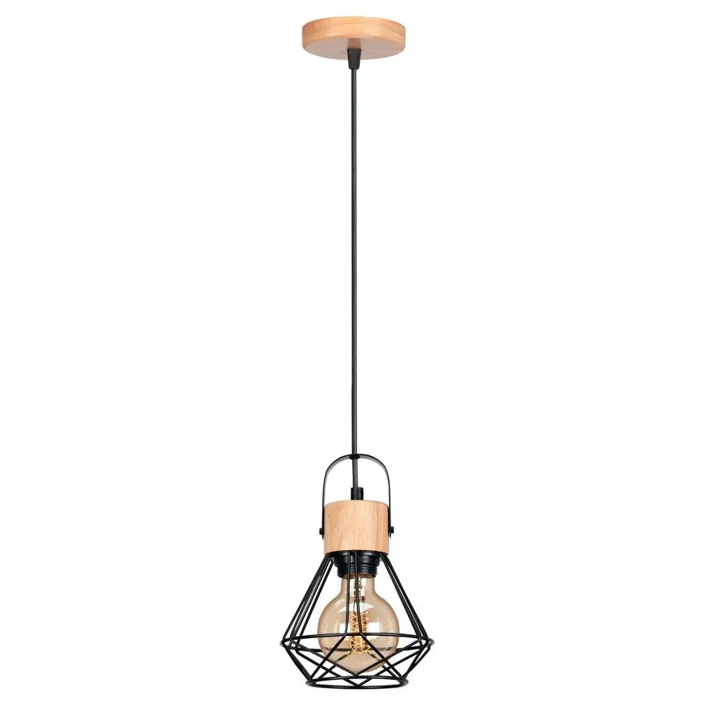 Vintage pendellampe i jern med treelementer, gir rustikk og klassisk stil, perfekt for vintage og moderne interiør.