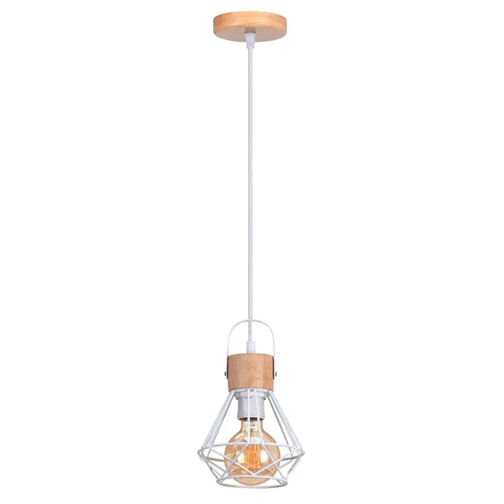 Vintage pendellampe i jern med treelementer, gir rustikk og klassisk stil, perfekt for vintage og moderne interiør.