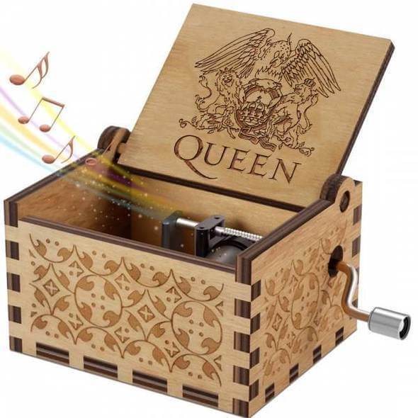 Vintage Queen håndsveiv musikkboks spiller 'Bohemian Rhapsody' med detaljert utskjæring, en perfekt gave.