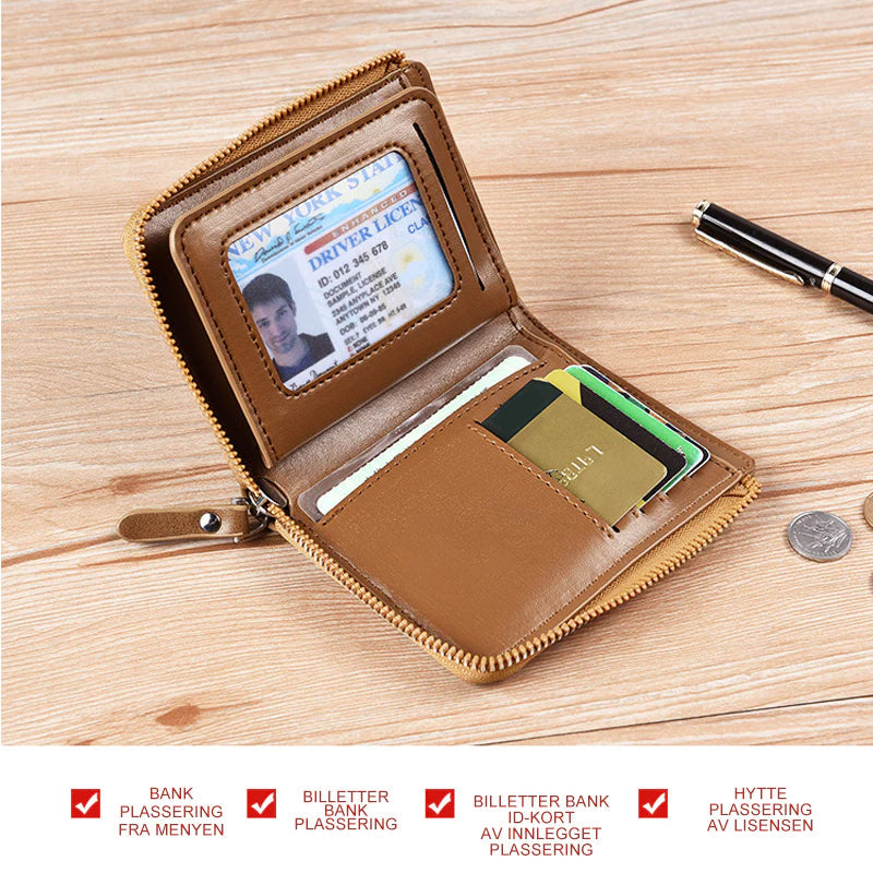 "Vintage skinn RFID-lommebok for menn i brun, svart eller kaki. Sikker og stilig med rom for 14 kort og kontanter."