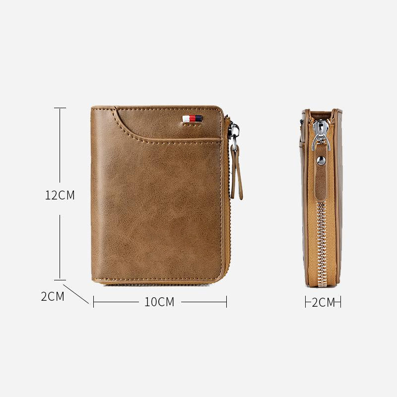 "Vintage skinn RFID-lommebok for menn i brun, svart eller kaki. Sikker og stilig med rom for 14 kort og kontanter."
