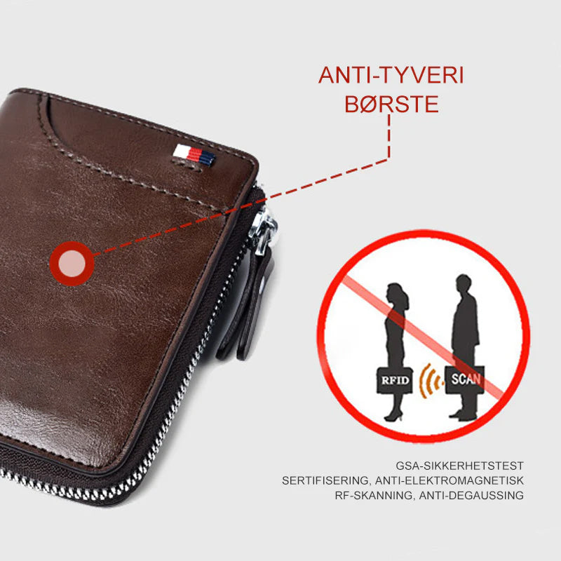 "Vintage skinn RFID-lommebok for menn i brun, svart eller kaki. Sikker og stilig med rom for 14 kort og kontanter."