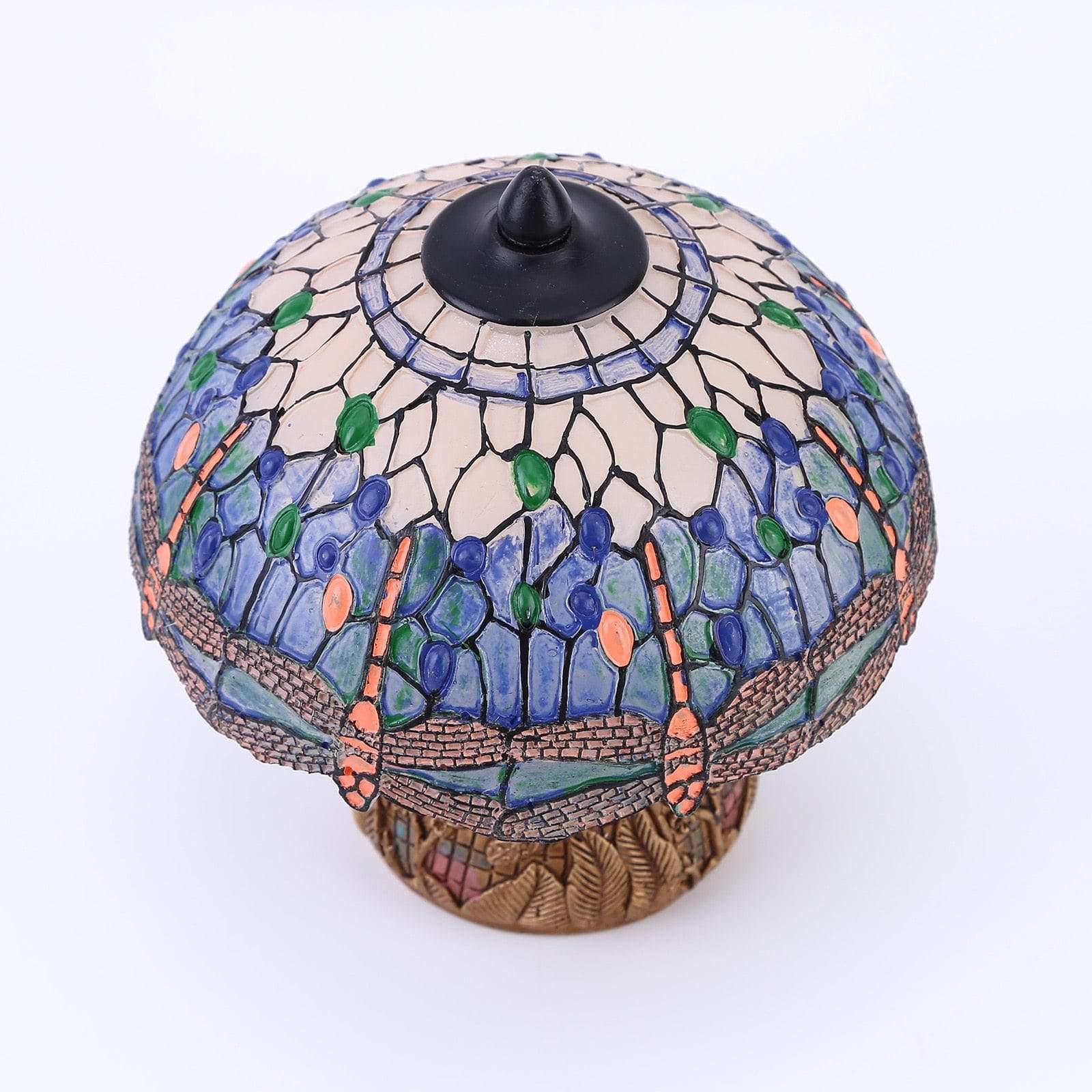 Kunstglass øyenstikker bordlampe med intrikate detaljer. Blå vintage belysning for et personlig interiør.