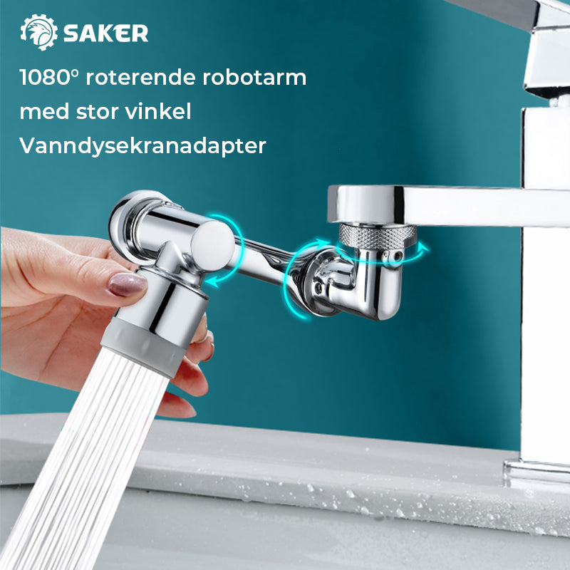 "1080° roterende vannkran adapter med to vannstrømsmoduser i moderne, krombehandlet design for kjøkken og bad."