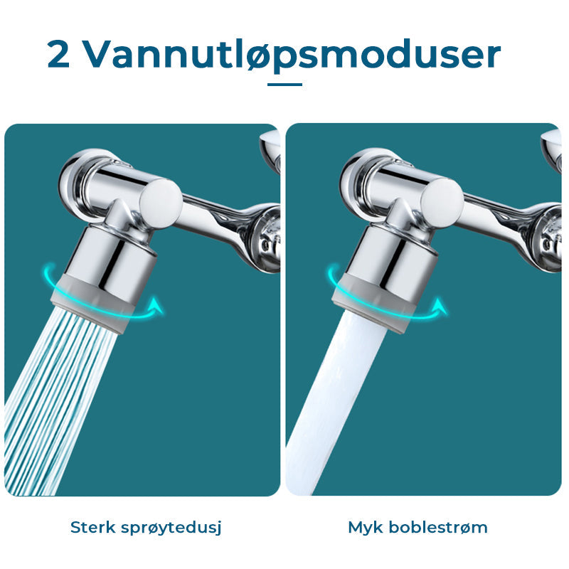 "1080° roterende vannkran adapter med to vannstrømsmoduser i moderne, krombehandlet design for kjøkken og bad."