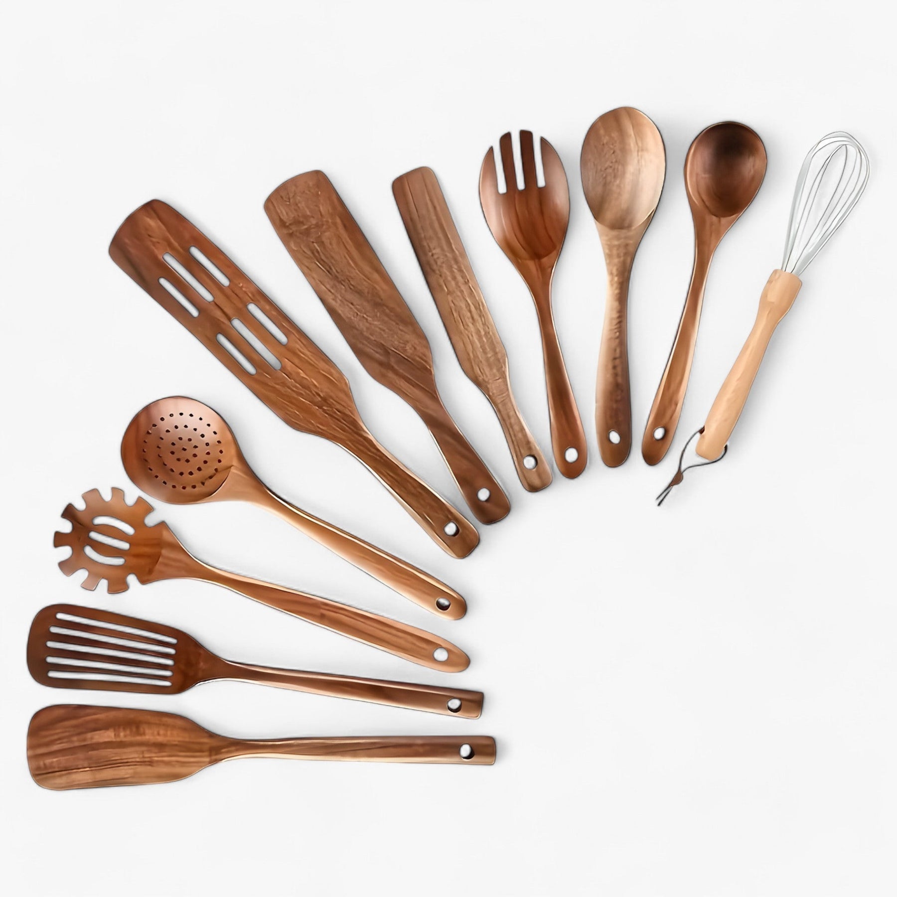 "11-delers kjøkkenutstyrsett i slitesterkt, naturlig tre. Perfekt for non-stick kokekar. Stilig og funksjonell estetikk."