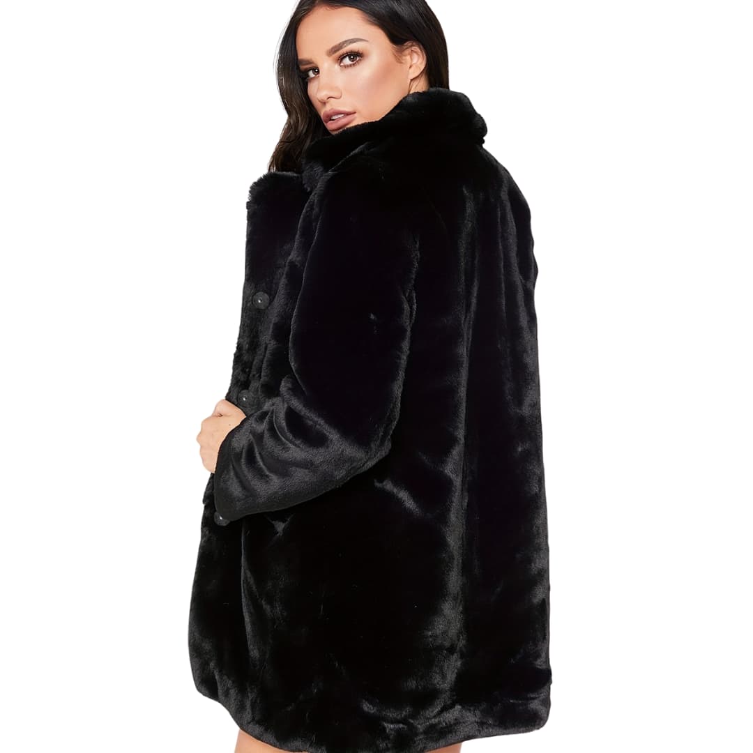 Elegant Faux Fur Jakke for Kvinner Lange Ermer Knappelukking Lommer