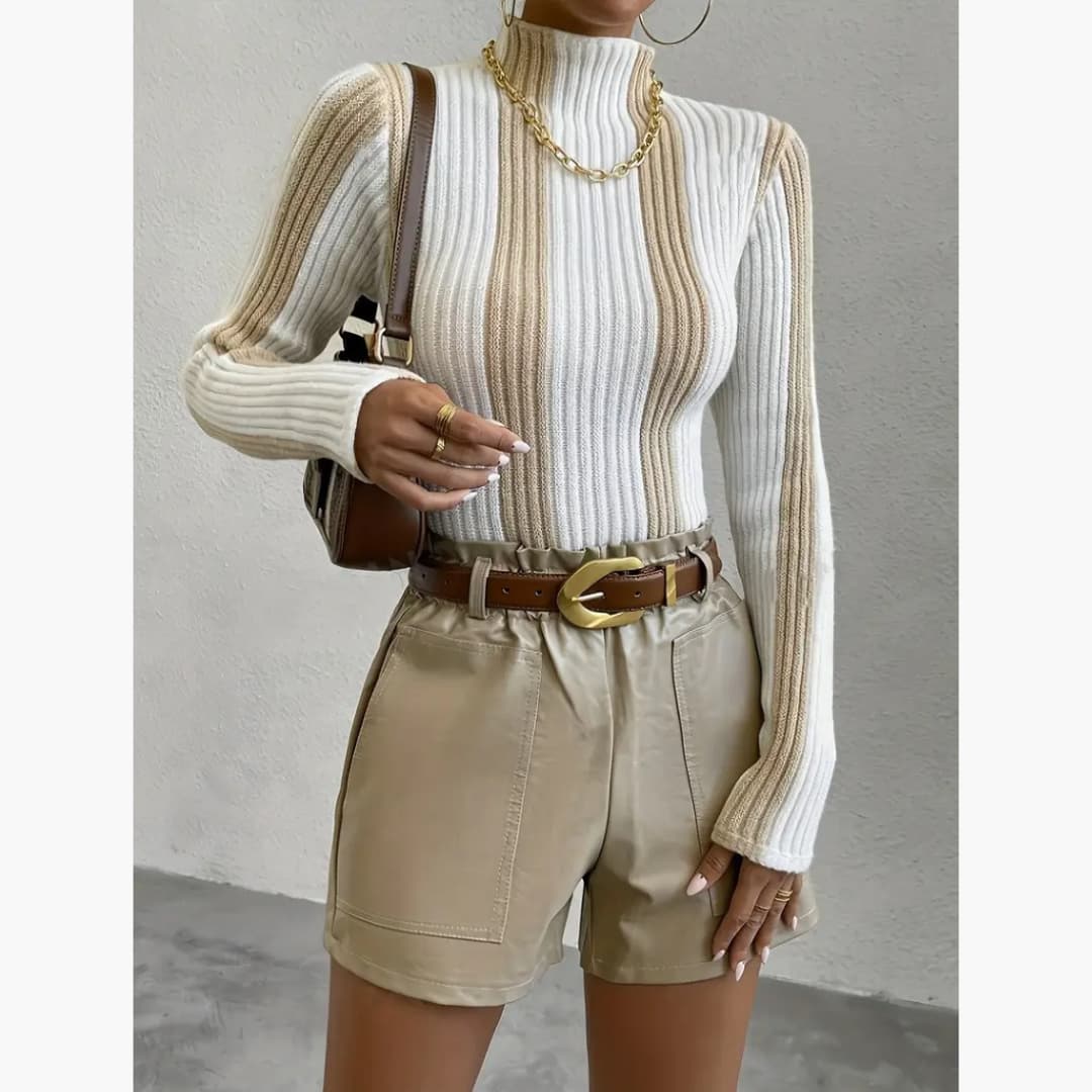 Ilona - Elegant striped sweater with mock neck for women