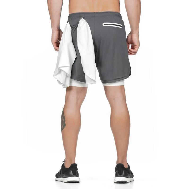 2-i-1 shorts for menn, grå kamuflasje, reflekterende lommer, høy synlighet, pustende mesh liner.