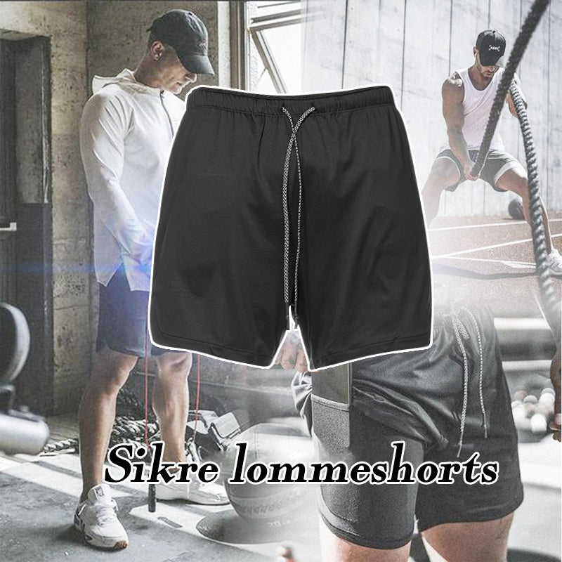 2-i-1 shorts for menn, grå kamuflasje, reflekterende lommer, høy synlighet, pustende mesh liner.