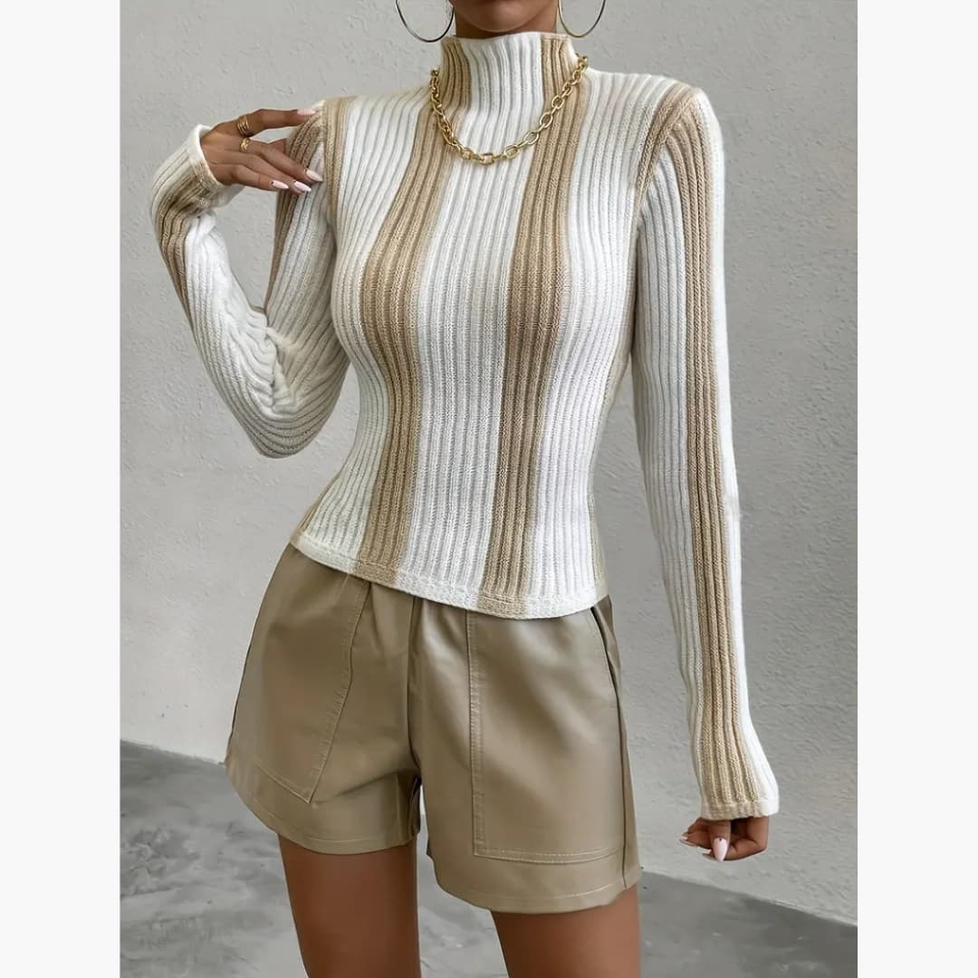 Ilona - Elegant striped sweater with mock neck for women