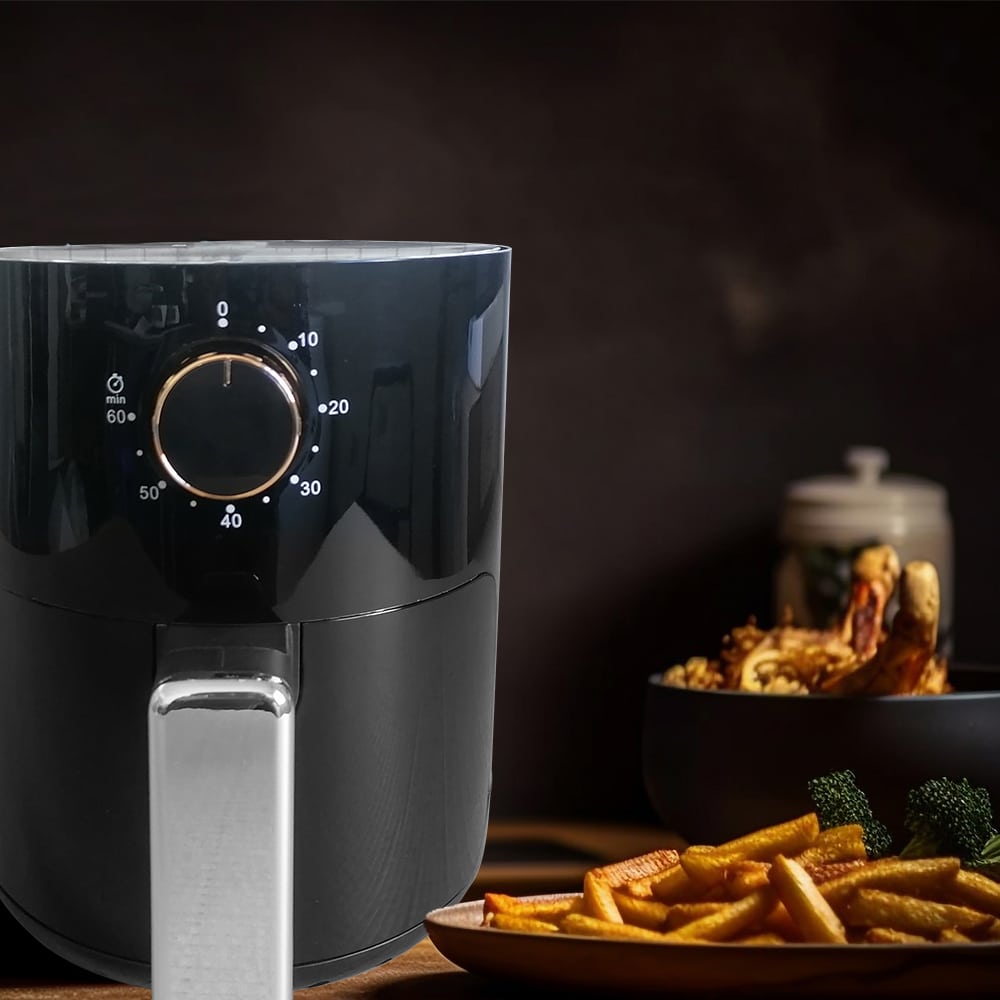 "2L airfryer i kompakt design, sunn matlaging, non-stick, sparer fett, enkel rengjøring, passer små kjøkken."