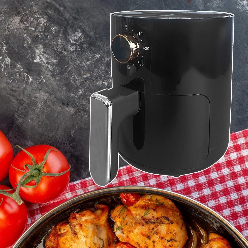 "2L airfryer i kompakt design, sunn matlaging, non-stick, sparer fett, enkel rengjøring, passer små kjøkken."