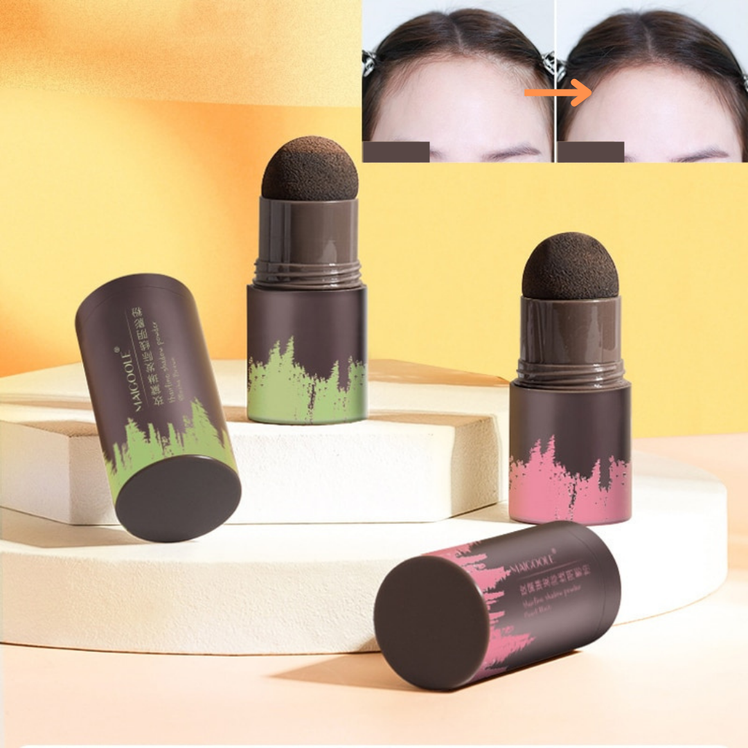 Bruk av hårskyggesvamp for å skjule tynne områder i håret, før/etter