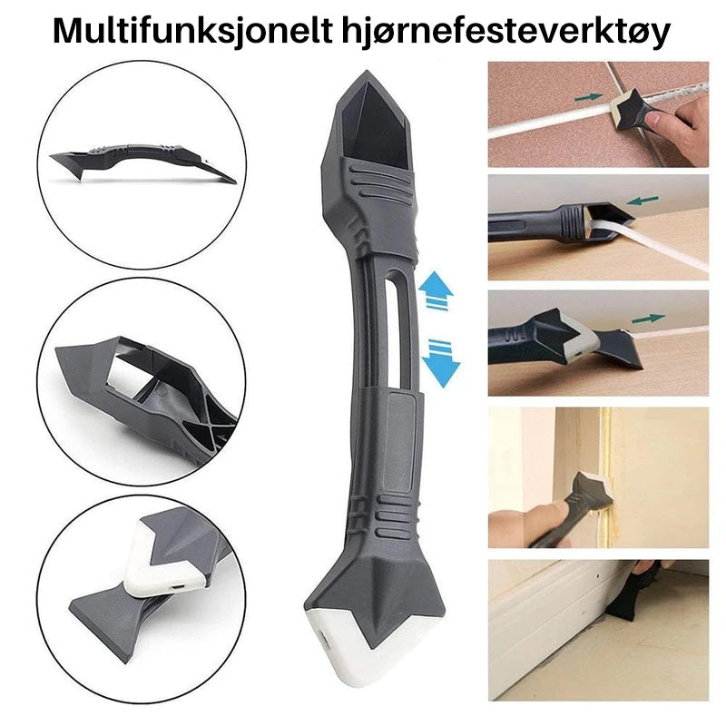 "3-i-1 silikonfjerner verktøy i blått og grått plast med stålblad, ideelt for fuging og ren overflatebehandling."