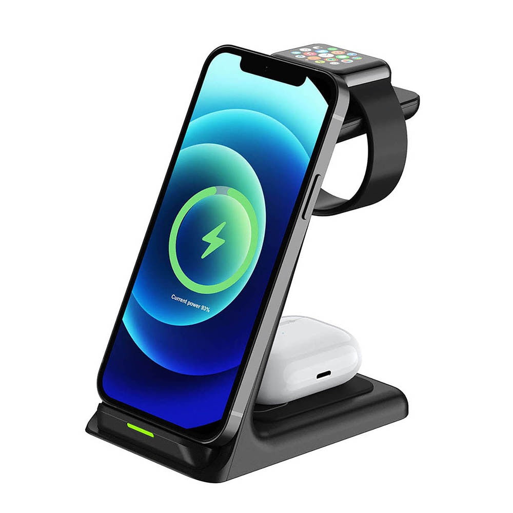 3-i-1 trådløs ladestasjon for telefon, Apple Watch og AirPods, svart og kompakt design.