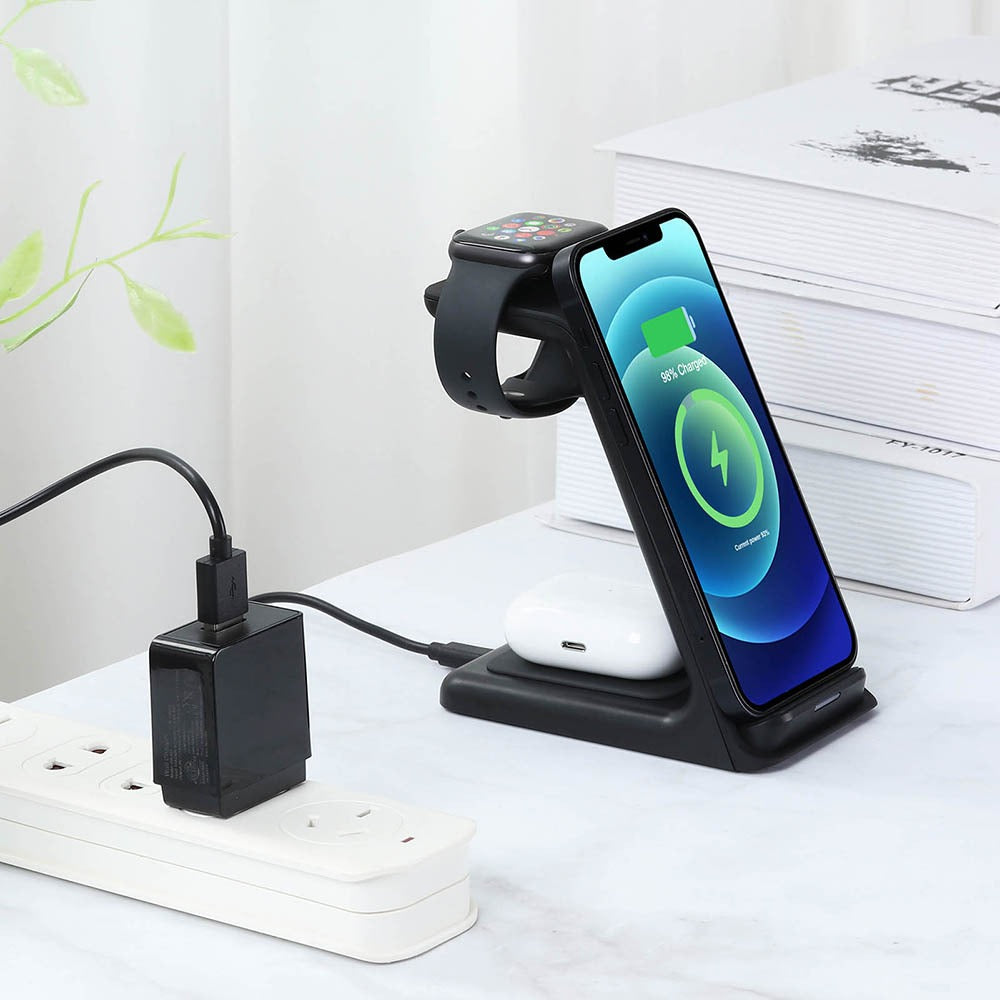 Bærbar 3-i-1 trådløs lader for telefon og smartklokke, perfekt for skrivebordet.