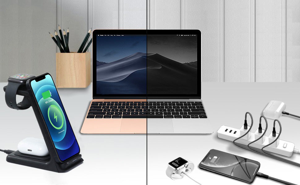 Produktbilde av 3-i-1 smartlader med plasser for telefon, Apple Watch og trådløse øreplugger.