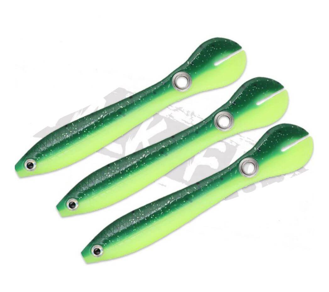 Myke bioniske fiskesluker i en praktisk 3-pakning, klart for fiske.