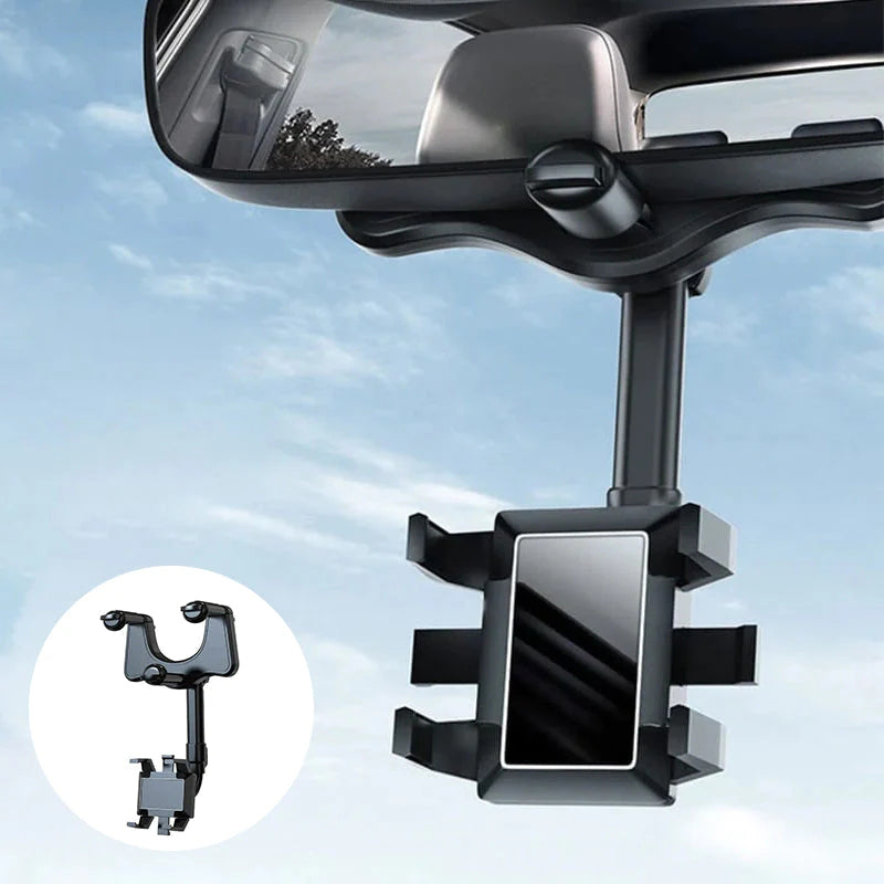 "360° roterbart bilbakspeiltelefonholder, svart design, multifunksjonell med stabil klemme. Perfekt for alle vinkler."