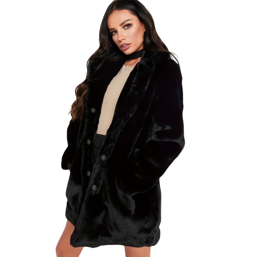 Elegant Faux Fur Jakke for Kvinner Lange Ermer Knappelukking Lommer