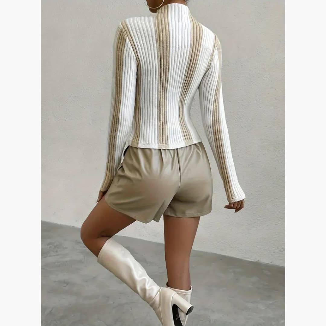 Ilona - Elegant striped sweater with mock neck for women