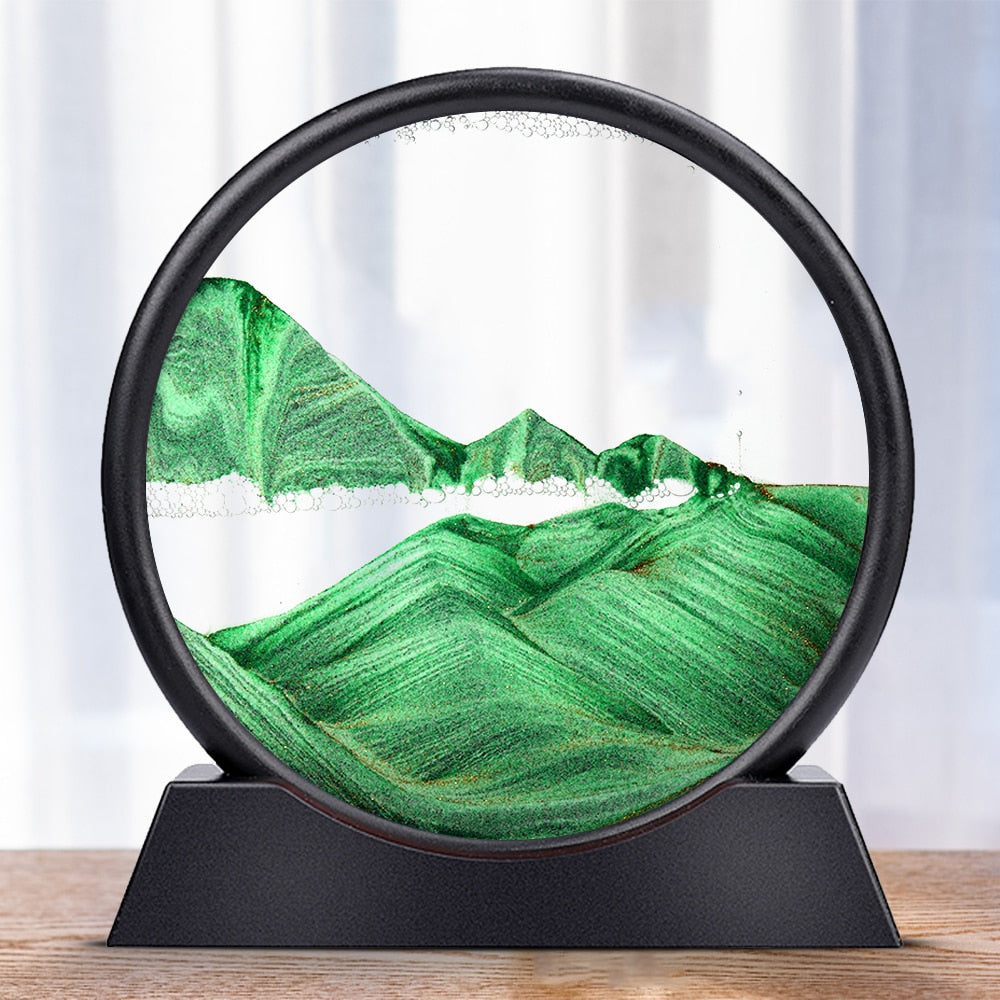 Varmt belyst 3D sandkunst timeglass, skaper en koselig og innbydende atmosfære i rommet