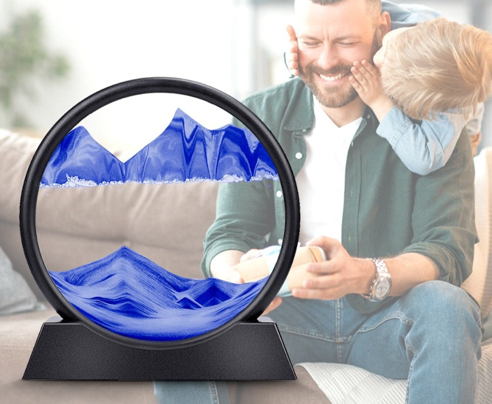 Vertikalt format 3D bevegelig sand timeglass, viser naturlige mønstre og flyt av sort sand