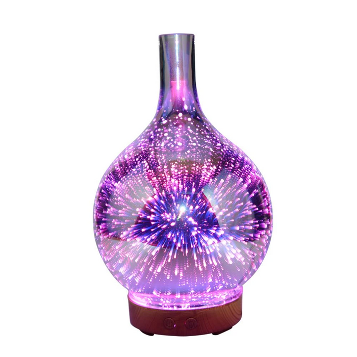 Stilfull aroma diffusor, luftfukter og stemningslys i 3D glassvase med beroligende LED-farger.