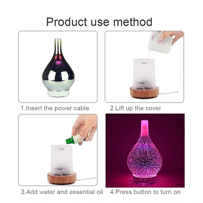 Hjemmedekor og aromaterapi med 3D glassvase diffusor, spreder essensiell olje med fargerike LED.