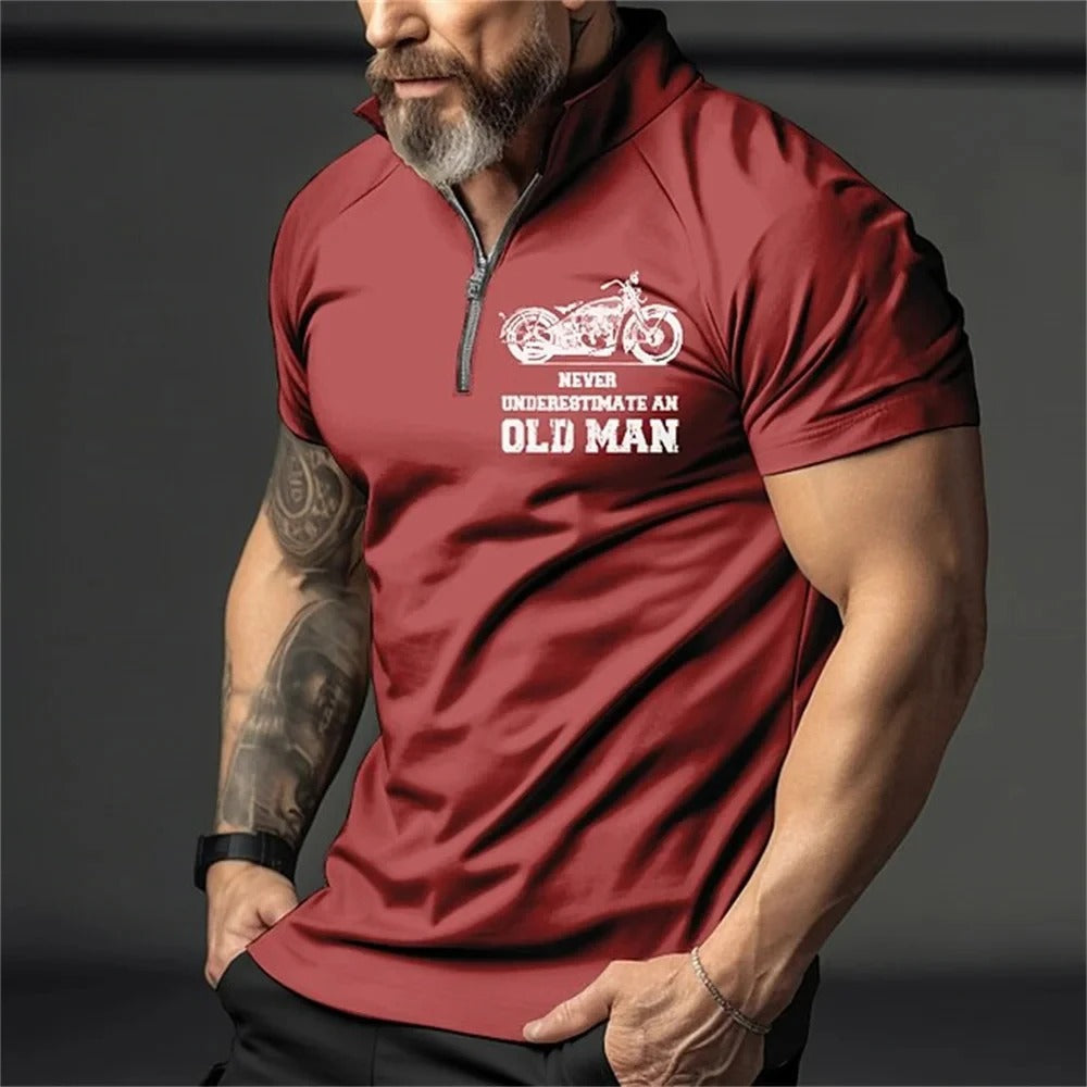 Vintage motorsykkel 3D-print herrepolo. Stilren glidelåspolo, ideell for fritid og moderne streetwear.