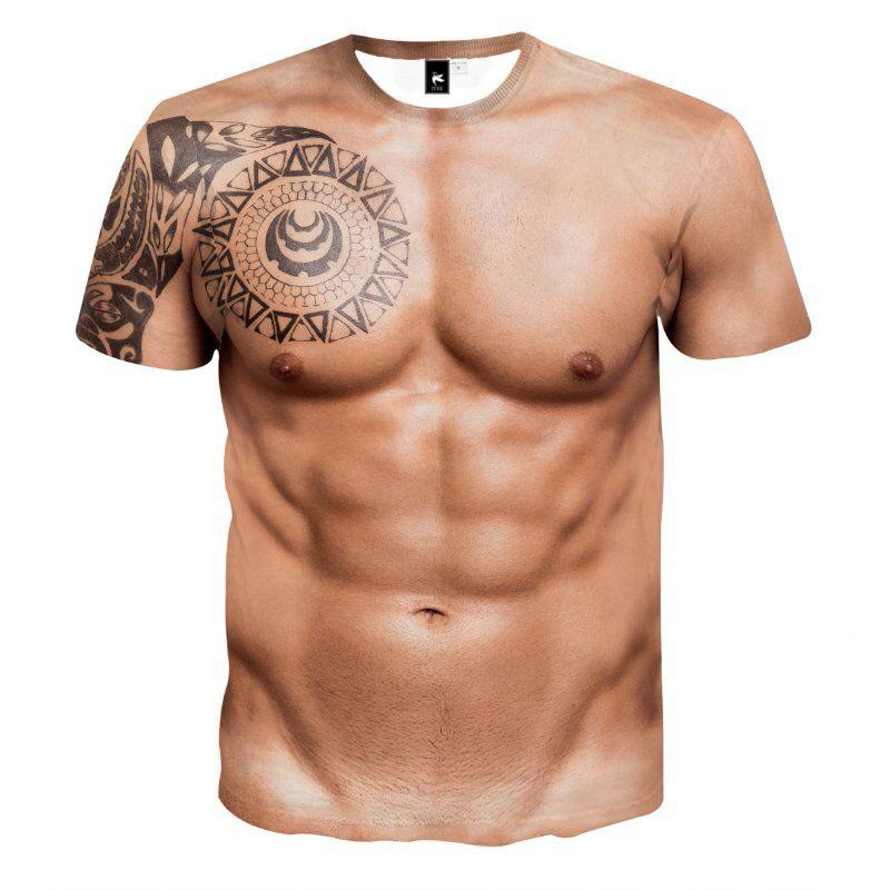 "3D T-skjorte i polyester med muskel- og tatoveringsdesign, livaktige farger, morsomt mønster, perfekt til fest."