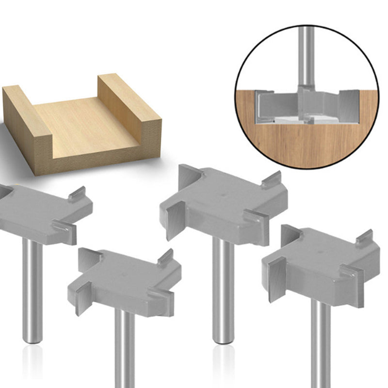 4-fløyet T-formet freskutter for presis trebearbeiding med slitesterk belegg, skarpe kanter og 1/4" skaft i tungsten stål.