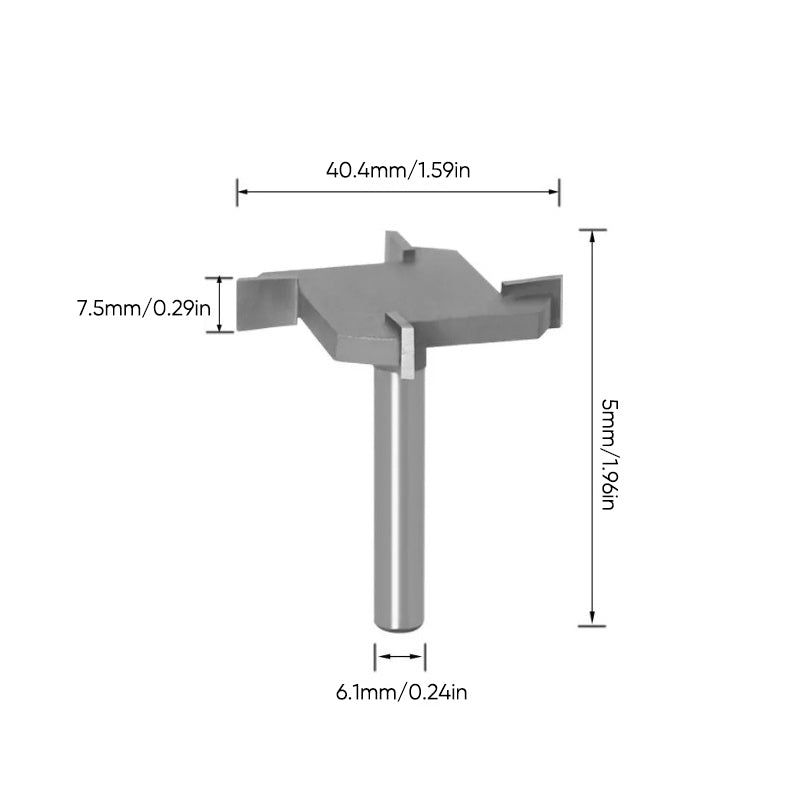 4-fløyet T-formet freskutter for presis trebearbeiding med slitesterk belegg, skarpe kanter og 1/4" skaft i tungsten stål.