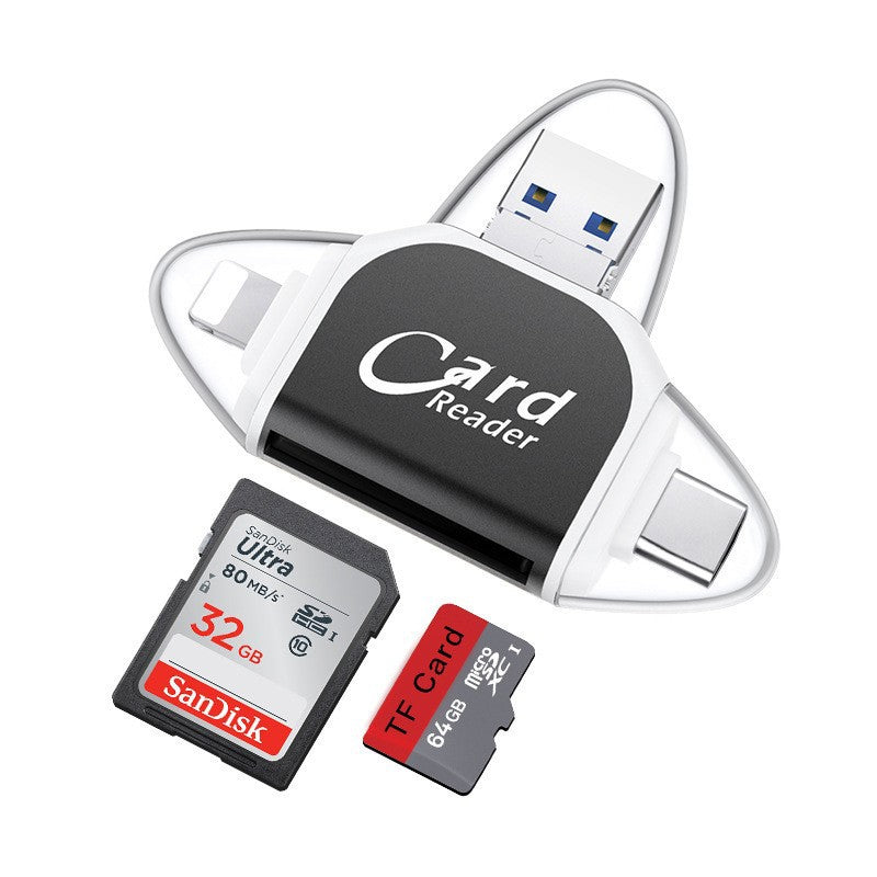 "4-i-1 kortleser med SD TF-kompatibilitet i rose gull, svart og hvit, for enheter med USB, Type C, Micro USB og Lightning."