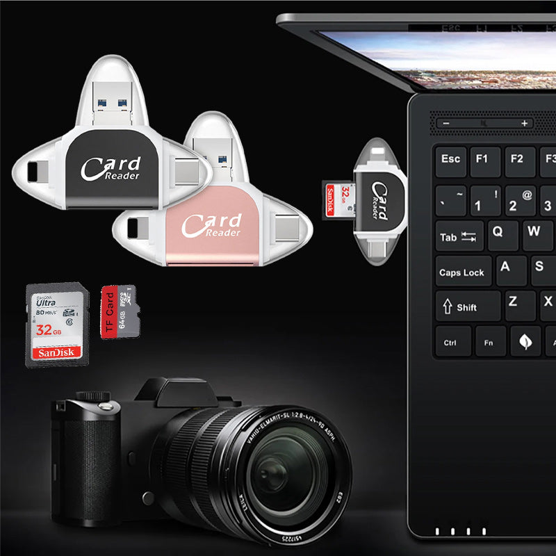 "4-i-1 kortleser med SD TF-kompatibilitet i rose gull, svart og hvit, for enheter med USB, Type C, Micro USB og Lightning."