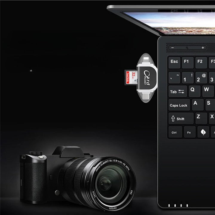 "4-i-1 kortleser med SD TF-kompatibilitet i rose gull, svart og hvit, for enheter med USB, Type C, Micro USB og Lightning."