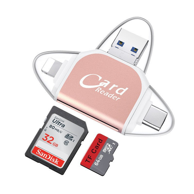 "4-i-1 kortleser med SD TF-kompatibilitet i rose gull, svart og hvit, for enheter med USB, Type C, Micro USB og Lightning."
